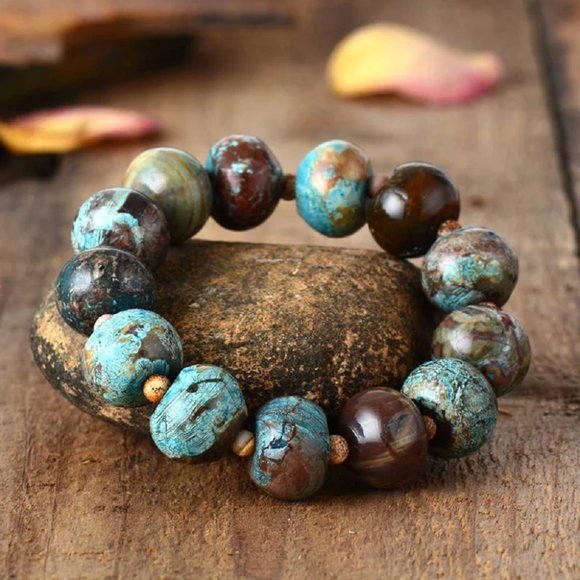 Natural 14mm Blue Calsilica Jasper Stone Beaded Bracelet - Picture 1 of 4